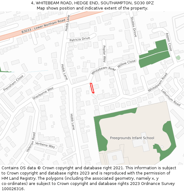 4, WHITEBEAM ROAD, HEDGE END, SOUTHAMPTON, SO30 0PZ: Location map and indicative extent of plot