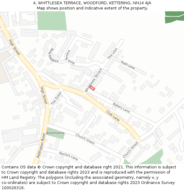 4, WHITTLESEA TERRACE, WOODFORD, KETTERING, NN14 4JA: Location map and indicative extent of plot