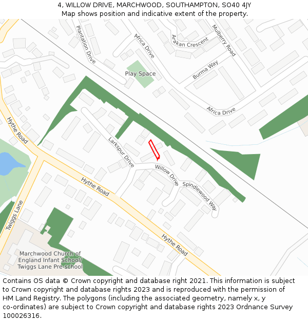 4, WILLOW DRIVE, MARCHWOOD, SOUTHAMPTON, SO40 4JY: Location map and indicative extent of plot