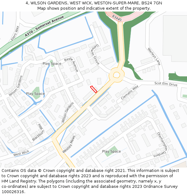 4, WILSON GARDENS, WEST WICK, WESTON-SUPER-MARE, BS24 7GN: Location map and indicative extent of plot