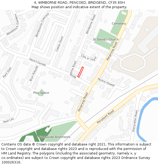 4, WIMBORNE ROAD, PENCOED, BRIDGEND, CF35 6SH: Location map and indicative extent of plot