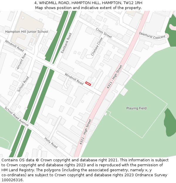 4, WINDMILL ROAD, HAMPTON HILL, HAMPTON, TW12 1RH: Location map and indicative extent of plot