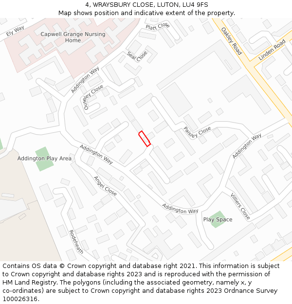 4, WRAYSBURY CLOSE, LUTON, LU4 9FS: Location map and indicative extent of plot