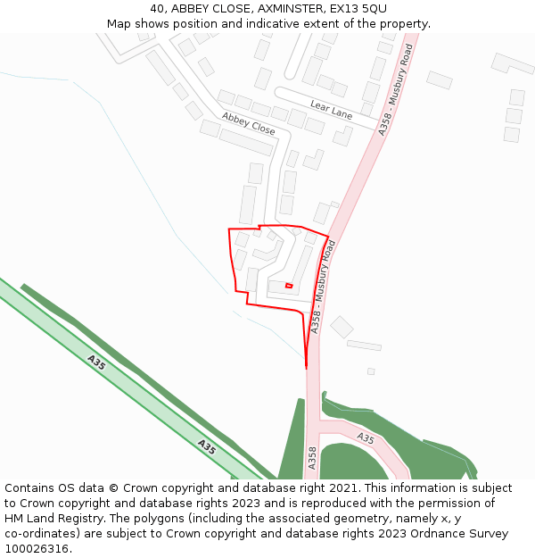 40, ABBEY CLOSE, AXMINSTER, EX13 5QU: Location map and indicative extent of plot