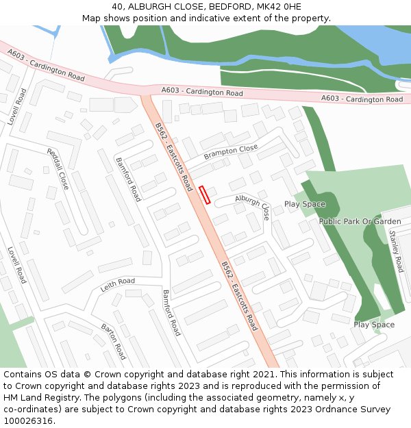 40, ALBURGH CLOSE, BEDFORD, MK42 0HE: Location map and indicative extent of plot