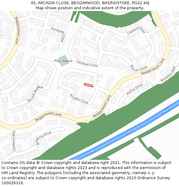 40, ARCADIA CLOSE, BEGGARWOOD, BASINGSTOKE, RG22 4AJ: Location map and indicative extent of plot