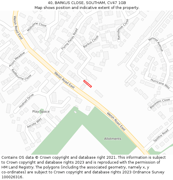 40, BARKUS CLOSE, SOUTHAM, CV47 1GB: Location map and indicative extent of plot