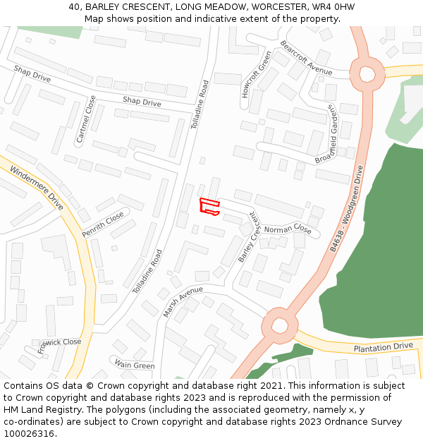 40, BARLEY CRESCENT, LONG MEADOW, WORCESTER, WR4 0HW: Location map and indicative extent of plot