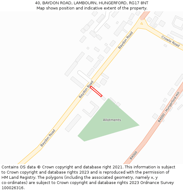 40, BAYDON ROAD, LAMBOURN, HUNGERFORD, RG17 8NT: Location map and indicative extent of plot