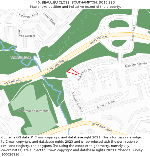 40, BEAULIEU CLOSE, SOUTHAMPTON, SO16 8ED: Location map and indicative extent of plot