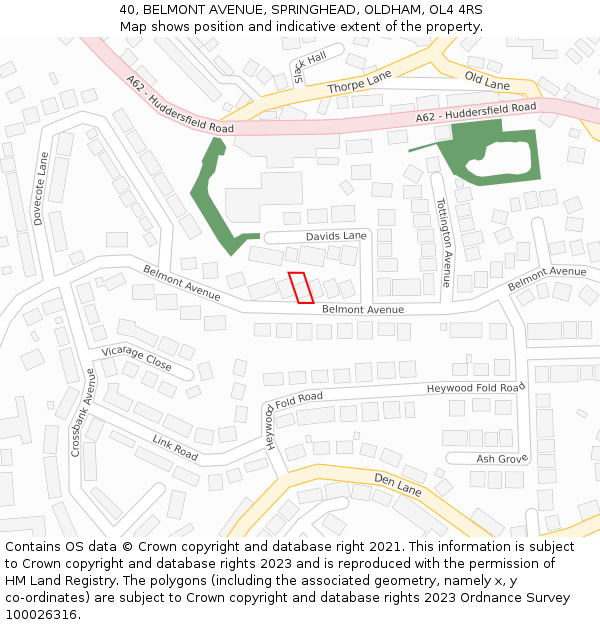 40, BELMONT AVENUE, SPRINGHEAD, OLDHAM, OL4 4RS: Location map and indicative extent of plot