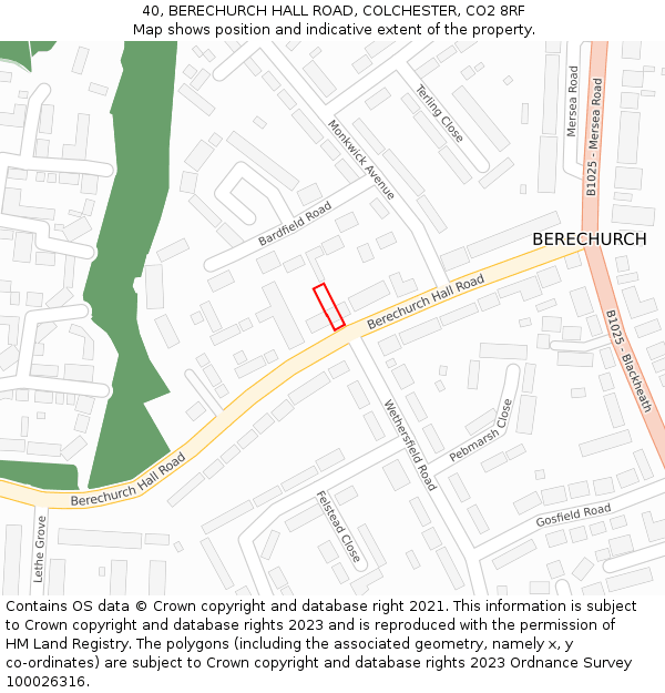 40, BERECHURCH HALL ROAD, COLCHESTER, CO2 8RF: Location map and indicative extent of plot
