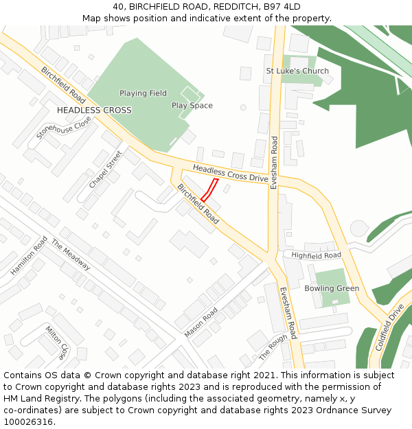 40, BIRCHFIELD ROAD, REDDITCH, B97 4LD: Location map and indicative extent of plot