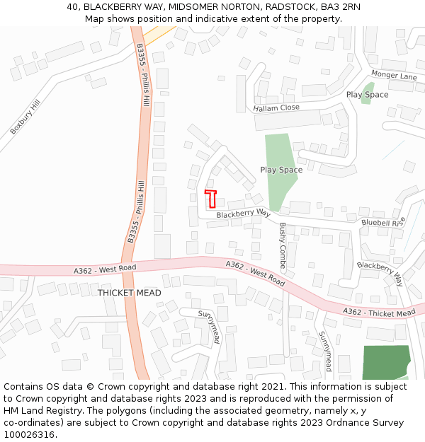 40, BLACKBERRY WAY, MIDSOMER NORTON, RADSTOCK, BA3 2RN: Location map and indicative extent of plot