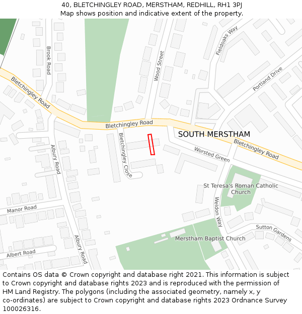 40, BLETCHINGLEY ROAD, MERSTHAM, REDHILL, RH1 3PJ: Location map and indicative extent of plot