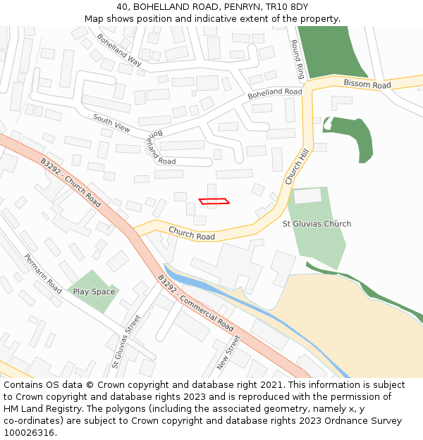 40, BOHELLAND ROAD, PENRYN, TR10 8DY: Location map and indicative extent of plot