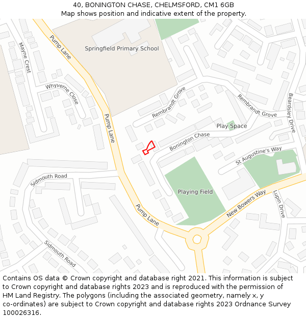 40, BONINGTON CHASE, CHELMSFORD, CM1 6GB: Location map and indicative extent of plot