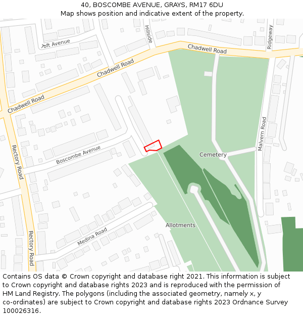 40, BOSCOMBE AVENUE, GRAYS, RM17 6DU: Location map and indicative extent of plot