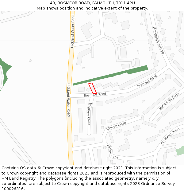 40, BOSMEOR ROAD, FALMOUTH, TR11 4PU: Location map and indicative extent of plot