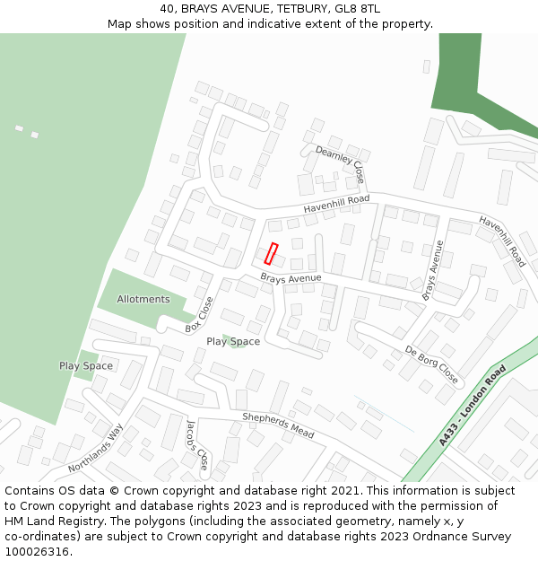 40, BRAYS AVENUE, TETBURY, GL8 8TL: Location map and indicative extent of plot