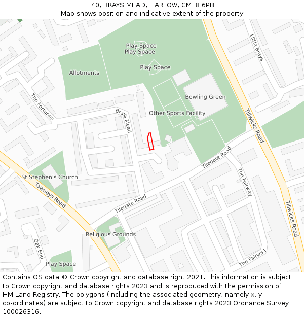 40, BRAYS MEAD, HARLOW, CM18 6PB: Location map and indicative extent of plot