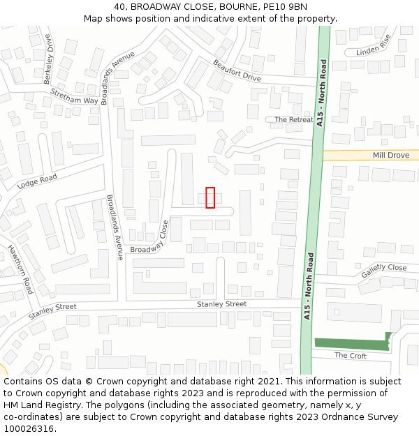 40, BROADWAY CLOSE, BOURNE, PE10 9BN: Location map and indicative extent of plot