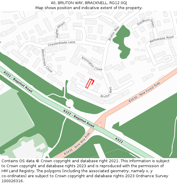 40, BRUTON WAY, BRACKNELL, RG12 0GJ: Location map and indicative extent of plot