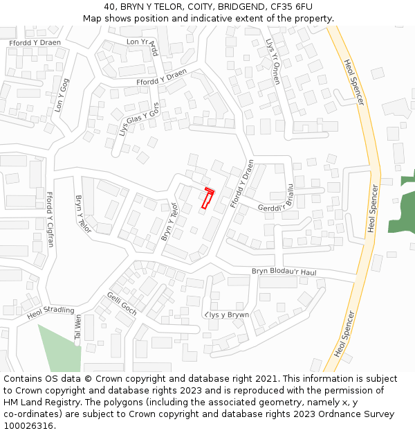 40, BRYN Y TELOR, COITY, BRIDGEND, CF35 6FU: Location map and indicative extent of plot