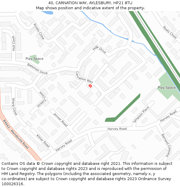 40, CARNATION WAY, AYLESBURY, HP21 8TU: Location map and indicative extent of plot