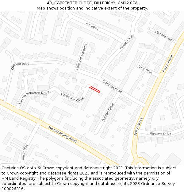 40, CARPENTER CLOSE, BILLERICAY, CM12 0EA: Location map and indicative extent of plot
