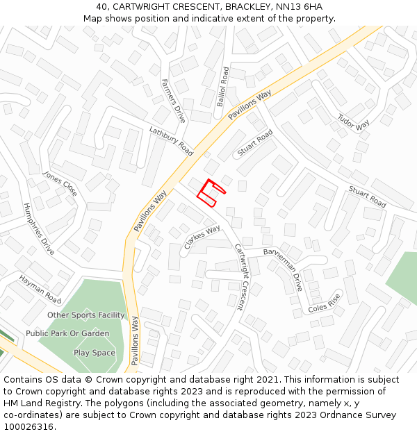 40, CARTWRIGHT CRESCENT, BRACKLEY, NN13 6HA: Location map and indicative extent of plot