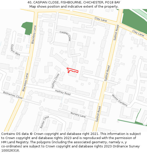 40, CASPIAN CLOSE, FISHBOURNE, CHICHESTER, PO18 8AY: Location map and indicative extent of plot