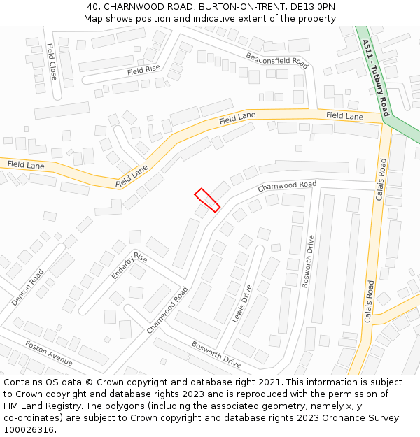 40, CHARNWOOD ROAD, BURTON-ON-TRENT, DE13 0PN: Location map and indicative extent of plot