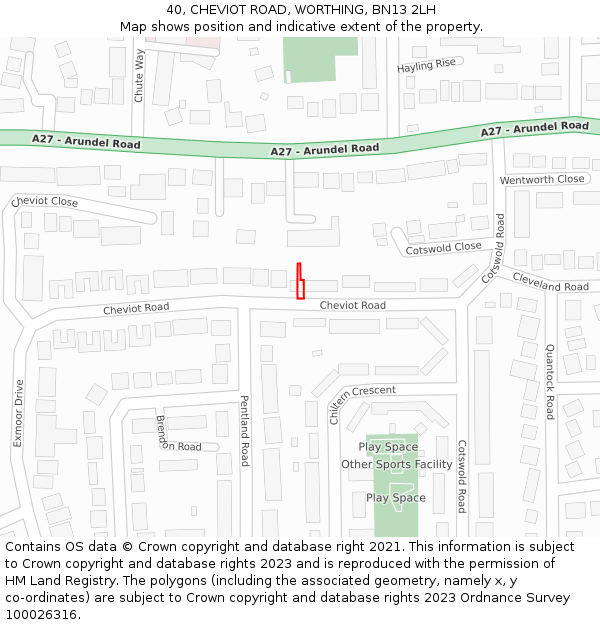 40, CHEVIOT ROAD, WORTHING, BN13 2LH: Location map and indicative extent of plot