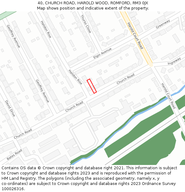 40, CHURCH ROAD, HAROLD WOOD, ROMFORD, RM3 0JX: Location map and indicative extent of plot