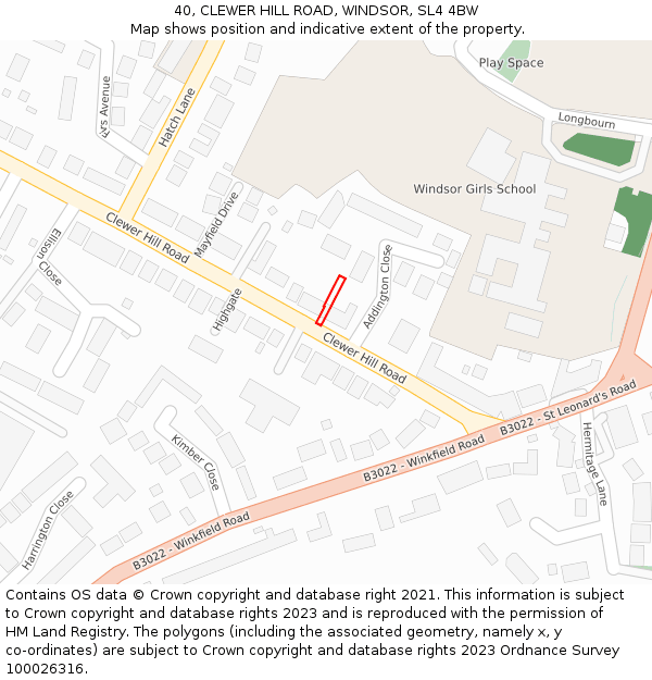 40, CLEWER HILL ROAD, WINDSOR, SL4 4BW: Location map and indicative extent of plot