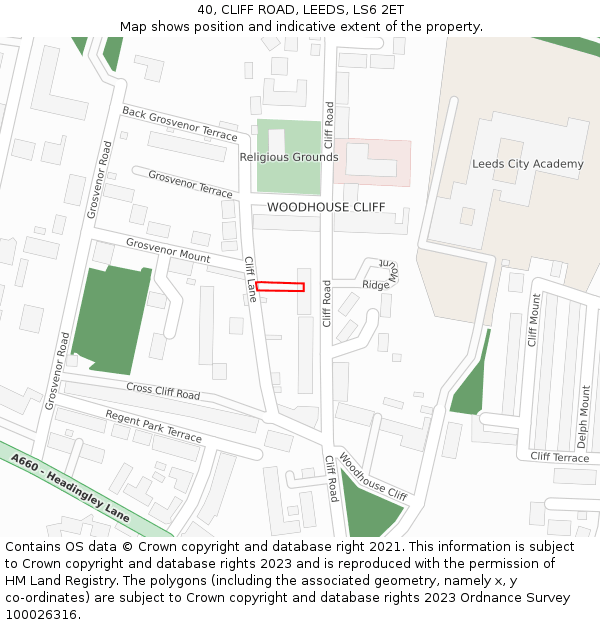 40, CLIFF ROAD, LEEDS, LS6 2ET: Location map and indicative extent of plot