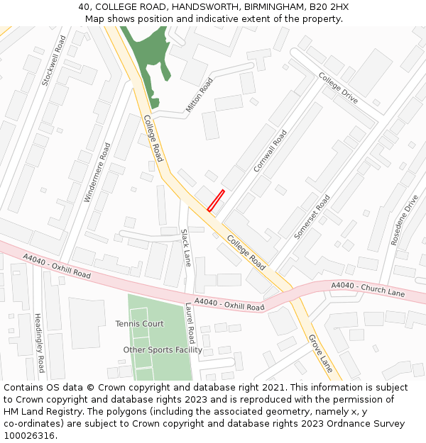 40, COLLEGE ROAD, HANDSWORTH, BIRMINGHAM, B20 2HX: Location map and indicative extent of plot