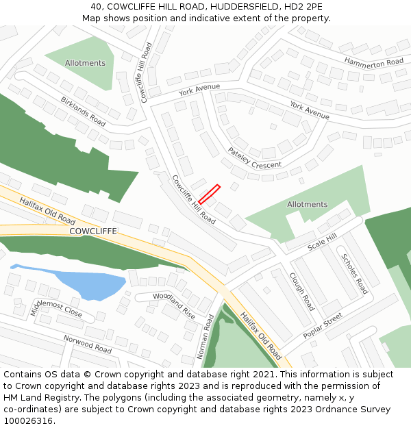40, COWCLIFFE HILL ROAD, HUDDERSFIELD, HD2 2PE: Location map and indicative extent of plot