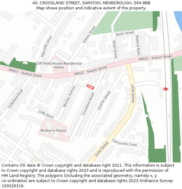 40, CROSSLAND STREET, SWINTON, MEXBOROUGH, S64 8BB: Location map and indicative extent of plot