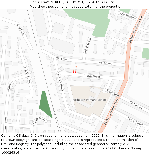40, CROWN STREET, FARINGTON, LEYLAND, PR25 4QH: Location map and indicative extent of plot