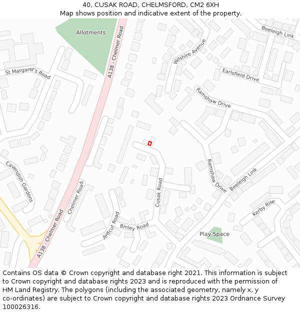 40, CUSAK ROAD, CHELMSFORD, CM2 6XH: Location map and indicative extent of plot