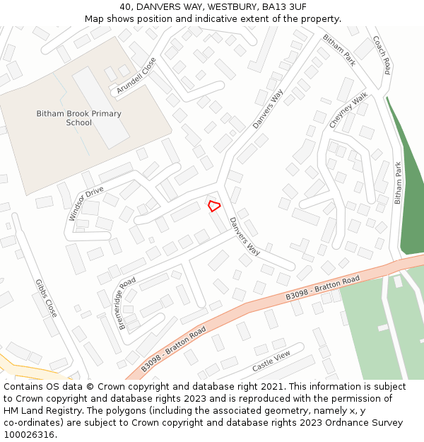 40, DANVERS WAY, WESTBURY, BA13 3UF: Location map and indicative extent of plot