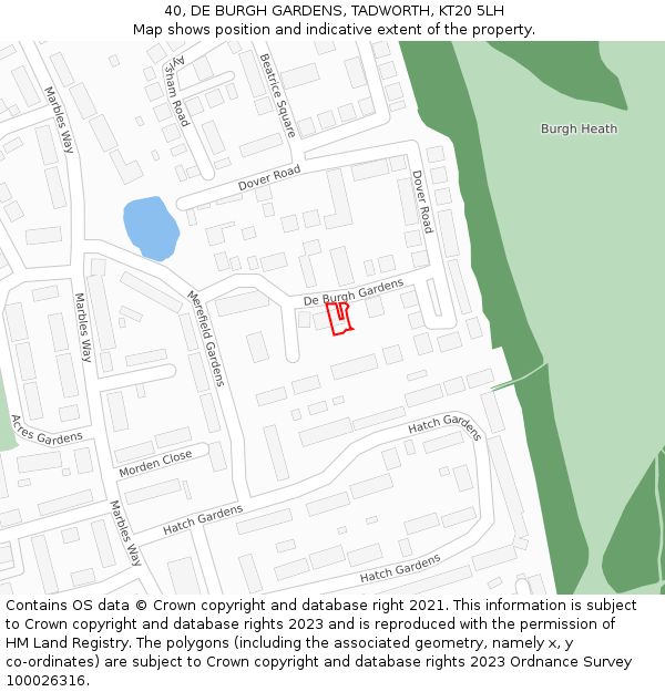 40, DE BURGH GARDENS, TADWORTH, KT20 5LH: Location map and indicative extent of plot