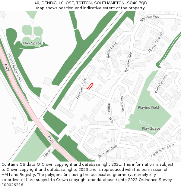 40, DENBIGH CLOSE, TOTTON, SOUTHAMPTON, SO40 7QD: Location map and indicative extent of plot