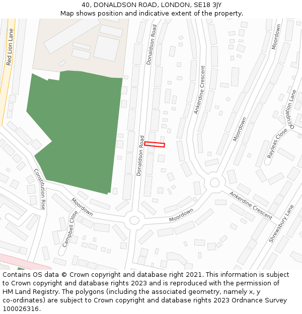 40, DONALDSON ROAD, LONDON, SE18 3JY: Location map and indicative extent of plot