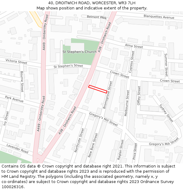 40, DROITWICH ROAD, WORCESTER, WR3 7LH: Location map and indicative extent of plot