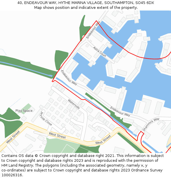 40, ENDEAVOUR WAY, HYTHE MARINA VILLAGE, SOUTHAMPTON, SO45 6DX: Location map and indicative extent of plot