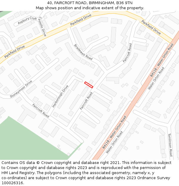 40, FAIRCROFT ROAD, BIRMINGHAM, B36 9TN: Location map and indicative extent of plot
