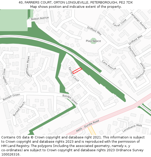 40, FARRIERS COURT, ORTON LONGUEVILLE, PETERBOROUGH, PE2 7DX: Location map and indicative extent of plot